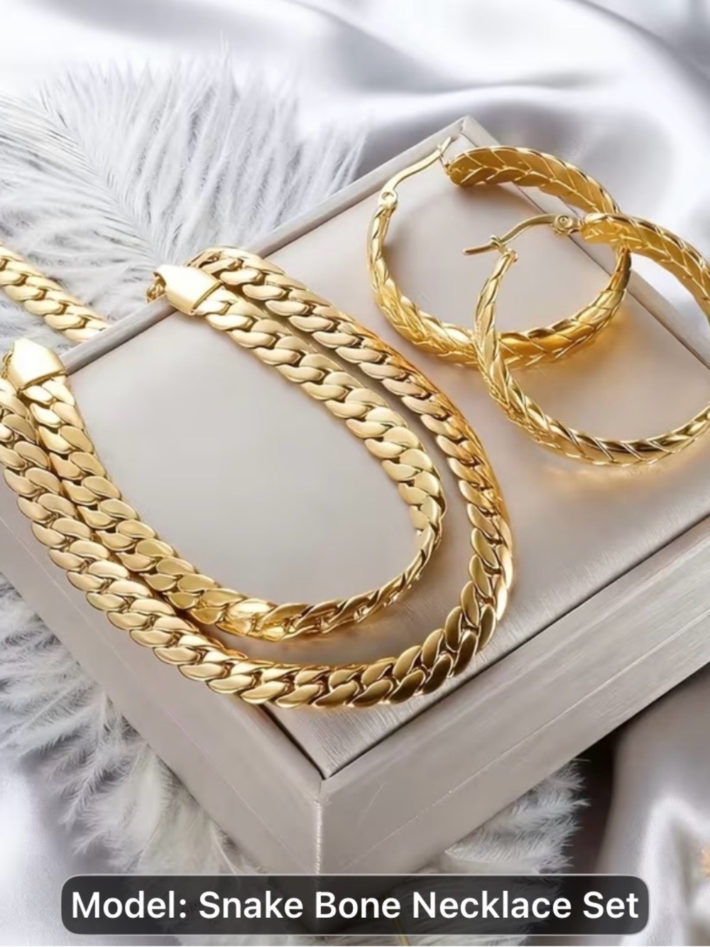 Steel Gold toned Snake Bone Necklace and Hoop Earring Set